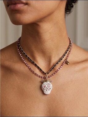 Rare Betsey Johnson Vintage Sugar Skull Crown Pendant Layered Statement Necklace